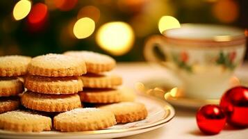 ai gerado Natal biscoitos, feriado bolacha receita e casa cozimento, doce sobremesa para acolhedor inverno Inglês país chá dentro a cabana, caseiro Comida e cozinhando foto