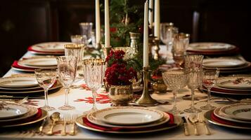 ai gerado Natal às a mansão, feriado paisagem de mesa e jantar mesa contexto, Inglês campo decoração e interior decoração foto