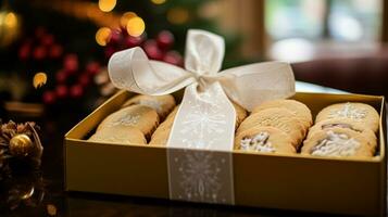 ai gerado Natal biscoitos, feriado bolacha presente caixa e casa assa, inverno feriados presente para Inglês país chá dentro a cabana, caseiro bolo seco friável e cozimento receita foto