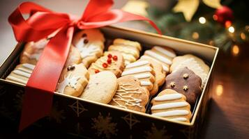 ai gerado Natal biscoitos, feriado bolacha presente caixa e casa assa, inverno feriados presente para Inglês país chá dentro a cabana, caseiro bolo seco friável e cozimento receita foto