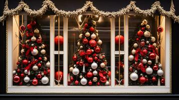 ai gerado Natal decoração detalhes em Inglês estilizado luxo Alto rua cidade loja porta ou compras janela mostrar, feriado venda e fazer compras decoração foto