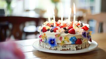 caseiro aniversário bolo dentro a Inglês campo casa, chalé cozinha Comida e feriado cozimento receita foto