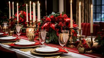 ai gerado Natal às a mansão, feriado paisagem de mesa e jantar mesa contexto, Inglês campo decoração e interior decoração foto