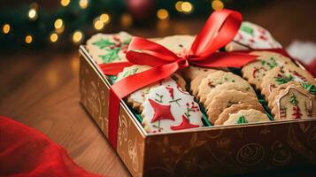 ai gerado Natal biscoitos, feriado bolacha presente caixa e casa assa, inverno feriados presente para Inglês país chá dentro a cabana, caseiro bolo seco friável e cozimento receita foto