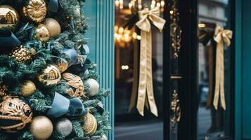 ai gerado Natal decoração detalhes em Inglês estilizado luxo Alto rua cidade loja porta ou compras janela mostrar, feriado venda e fazer compras decoração foto