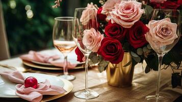 Casamento e evento celebração paisagem de mesa com flores, formal jantar mesa configuração com rosas e vinho, elegante floral mesa decoração para jantar festa e feriado decoração, casa estilo foto