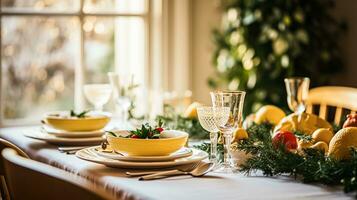 ai gerado Natal feriado família café da manhã, mesa configuração decoração e festivo paisagem de mesa, Inglês país e casa estilo foto