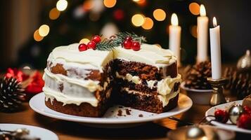 ai gerado Natal bolo, feriado receita e casa cozimento, pudim com cremoso gelo para acolhedor inverno feriados chá dentro a Inglês país cabana, caseiro Comida e cozinhando foto