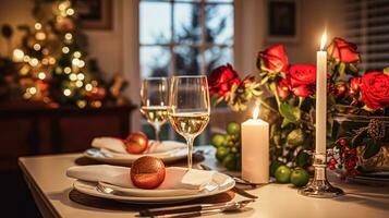 ai gerado festivo encontro noite paisagem de mesa ideia, jantar mesa configuração para dois e Natal, Novo ano, dia dos namorados dia decoração, Inglês país casa estilo foto