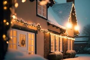 lindo país chalé decorado para Natal em uma Nevado inverno noite, feriado e celebração, pós-processado, generativo ai foto