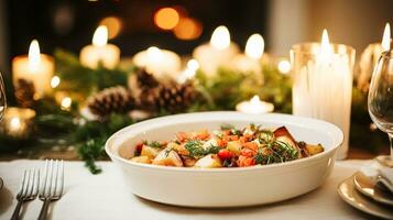 ai gerado inverno feriado refeição para jantar celebração cardápio, a Principal curso festivo prato para Natal, família evento, Novo ano e feriados, Inglês país Comida receita foto