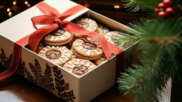 ai gerado Natal biscoitos, feriado bolacha presente caixa e casa assa, inverno feriados presente para Inglês país chá dentro a cabana, caseiro bolo seco friável e cozimento receita foto