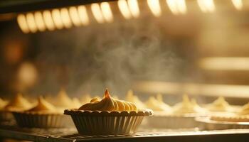 ai gerado padaria dentro a manhã, quente fresco pão e pastelaria cozimento dentro a velho Cidade padaria, recentemente cozido produtos em prateleiras e a forno, pequeno local o negócio e Comida Produção. generativo ai foto