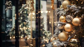 ai gerado Natal decoração detalhes em Inglês estilizado luxo Alto rua cidade loja porta ou compras janela mostrar, feriado venda e fazer compras decoração foto