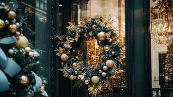 ai gerado Natal decoração detalhes em Inglês estilizado luxo Alto rua cidade loja porta ou compras janela mostrar, feriado venda e fazer compras decoração foto