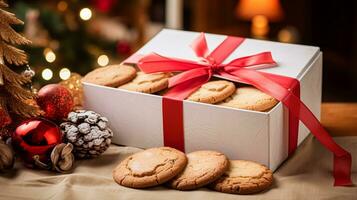 ai gerado Natal biscoitos, feriado bolacha presente caixa e casa assa, inverno feriados presente para Inglês país chá dentro a cabana, caseiro bolo seco friável e cozimento receita foto