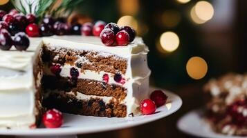 ai gerado Natal bolo, feriado receita e casa cozimento, pudim com cremoso gelo para acolhedor inverno feriados chá dentro a Inglês país cabana, caseiro Comida e cozinhando foto