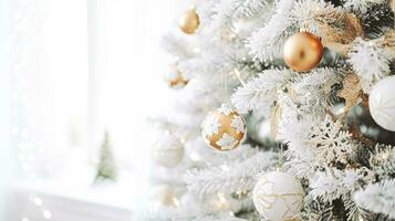 ai gerado branco Natal árvore decoração para a Inglês país cabana, casa decoração, casa dentro a campo e feriado celebração foto