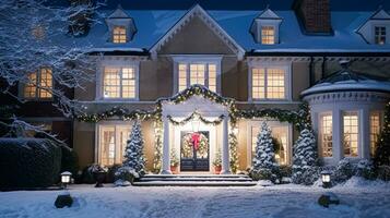 ai gerado Natal dentro a campo mansão, Inglês país casa mansão decorado para feriados em uma Nevado inverno tarde com neve e feriado luzes, alegre Natal e feliz feriados foto