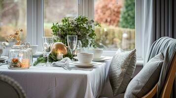 ai gerado Natal feriado família café da manhã, mesa configuração decoração e festivo paisagem de mesa, Inglês país e casa estilo foto