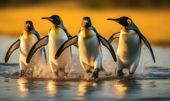 ai gerado rei pinguins aptenoditas patagonicus chegando Fora do a água foto