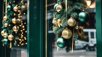 ai gerado Natal decoração detalhes em Inglês estilizado luxo Alto rua cidade loja porta ou compras janela mostrar, feriado venda e fazer compras decoração foto