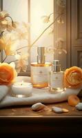 ai gerado spa ainda vida com Cosmético produtos e flores 3d Renderização foto