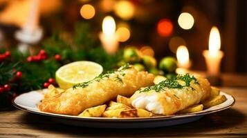 ai gerado peixe e salgadinhos para inverno feriado jantar, tradicional britânico cozinha receita dentro Inglês país lar, feriados celebração e caseiro Comida foto