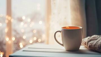 ai gerado inverno feriados, calma e acolhedor lar, copo do chá ou café caneca e tricotado cobertor perto janela dentro a Inglês campo cabana, feriado atmosfera foto