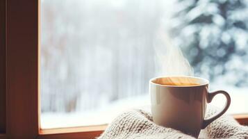 ai gerado inverno feriados, calma e acolhedor lar, copo do chá ou café caneca e tricotado cobertor perto janela dentro a Inglês campo cabana, feriado atmosfera foto