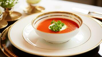 ai gerado tomate creme sopa dentro uma restaurante, Inglês campo requintado cozinha cardápio, culinária arte Comida e bem jantar foto