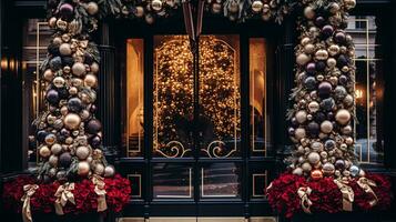 ai gerado Natal decoração detalhes em Inglês estilizado luxo Alto rua cidade loja porta ou compras janela mostrar, feriado venda e fazer compras decoração foto