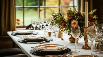 ai gerado outono feriado paisagem de mesa, formal jantar mesa contexto, mesa escapar com elegante outonal floral decoração para Casamento festa e evento decoração foto