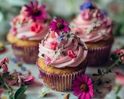 ai gerado caseiro bolos de copo decorado com Rosa creme de manteiga geada e flores foto