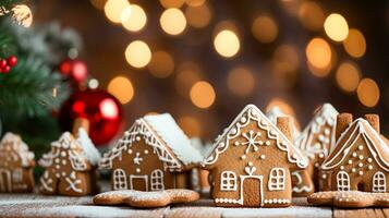 ai gerado Natal Pão de gengibre casa, feriado receita e casa cozimento, doce sobremesa para acolhedor inverno Inglês país chá dentro a cabana, caseiro Comida e cozinhando foto