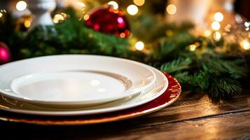 ai gerado louça e louça conjunto para inverno feriado família jantar, Natal utensílios domésticos decoração para feriados dentro a Inglês país casa, presente conjunto e casa estilo foto