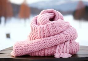 ai gerado caloroso Rosa lã cachecol dentro a neve. inverno tempo. foto