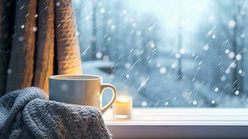 ai gerado inverno feriados, calma e acolhedor lar, copo do chá ou café caneca e tricotado cobertor perto janela dentro a Inglês campo cabana, feriado atmosfera foto