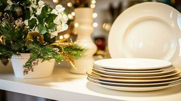 ai gerado louça e louça conjunto para inverno feriado família jantar, Natal utensílios domésticos decoração para feriados dentro a Inglês país casa, presente conjunto e casa estilo foto