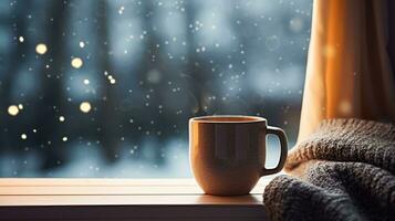 inverno feriados, tarde calma e acolhedor lar, copo do chá ou café caneca e tricotado cobertor perto janela dentro a Inglês campo cabana, feriado atmosfera foto