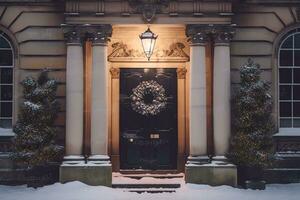 ai gerado Natal feriado, país chalé e nevando inverno, guirlanda decoração em uma porta, alegre Natal e feliz feriados desejos, generativo ai foto