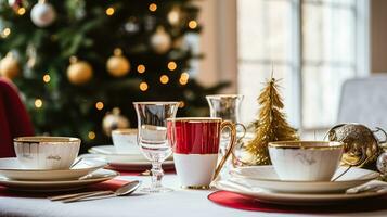 ai gerado Natal feriado família café da manhã, mesa configuração decoração e festivo paisagem de mesa, Inglês país e casa estilo foto