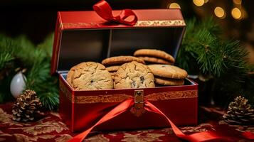 ai gerado Natal biscoitos, feriado bolacha presente caixa e casa assa, inverno feriados presente para Inglês país chá dentro a cabana, caseiro bolo seco friável e cozimento receita foto