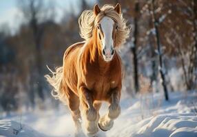 ai gerado cavalo galopando graciosamente dentro a neve. inverno tempo. foto