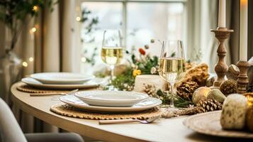 ai gerado Natal feriado família café da manhã, mesa configuração decoração e festivo paisagem de mesa, Inglês país e casa estilo foto