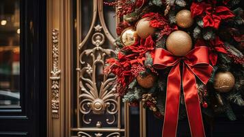 ai gerado Natal decoração detalhes em Inglês estilizado luxo Alto rua cidade loja porta ou compras janela mostrar, feriado venda e fazer compras decoração foto