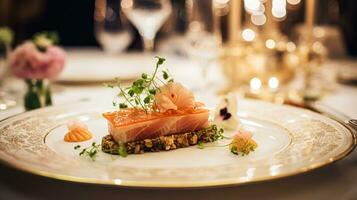 ai gerado requintado a Principal curso refeição às uma luxo restaurante, Casamento Comida refeições e Inglês cozinha foto