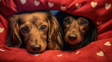 ai gerado dois cachorros espreitar Fora a partir de coração motivo cobertor foto