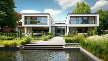 ai gerado moderno casa exterior com lagoa e azul céu foto