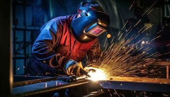 ai gerado soldador trabalhando vestindo mascarar. industrial segurança conceito foto